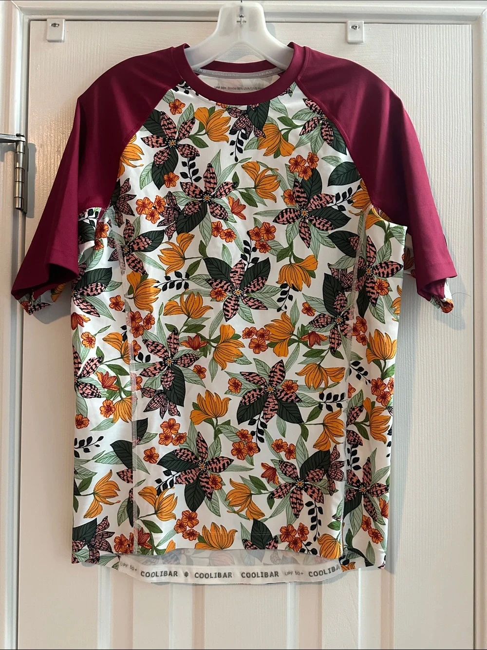 Coolibar Hightide Short Sleeve Swim Shirt Apricot Crush Floral Paradise Mens S